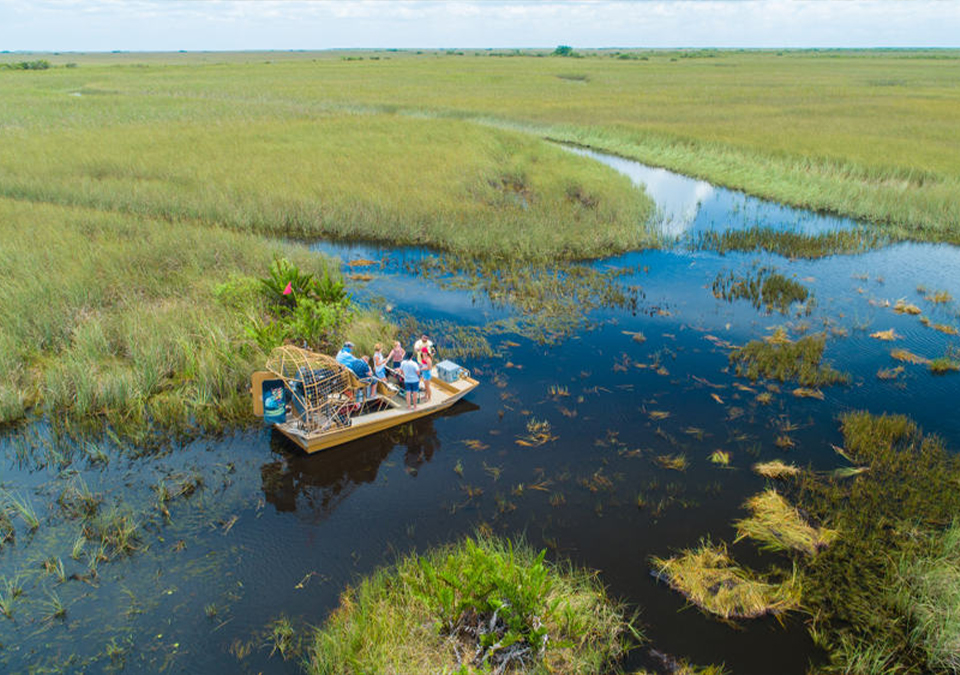 Aerial photo of an airboat tour in the Florida Everglades